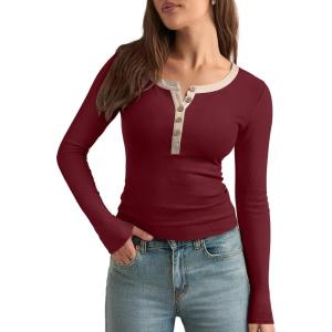 imageREORIA Womens Long Sleeve Y2K Henley Shirts Button Ribbed Knit Slim V Scoop Neck 2025 Fall Fashion Basic TopsWine Red