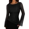 imageREORIA Womens Lace Mesh Boat Neck Bell Long Sleeve Tops Y2k Going Out Asymmetrical Tops 2025 Fall FashionBlack Onyx