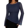 imageREORIA Womens Lace Mesh Boat Neck Bell Long Sleeve Tops Y2k Going Out Asymmetrical Tops 2025 Fall FashionDark Denim