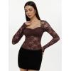 imageREORIA Womens Sexy Sheer Mesh Tops Floral Lace Long Sleeve Shirts Low Cut Slim Fitted Outfits See Through Going Out BlousesCoffee