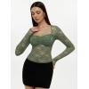 imageREORIA Womens Sexy Sheer Mesh Tops Floral Lace Long Sleeve Shirts Low Cut Slim Fitted Outfits See Through Going Out BlousesDeep Green