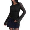 imageREORIA Womens Lace Mesh Boat Neck Bell Long Sleeve Tops Y2k Going Out Asymmetrical Tops 2025 Fall FashionBlack Onyx
