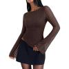 imageREORIA Womens Lace Mesh Boat Neck Bell Long Sleeve Tops Y2k Going Out Asymmetrical Tops 2025 Fall FashionShaved Chocolate