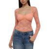 imageREORIA Womens Sexy Sheer Mesh Tops Floral Lace Long Sleeve Shirts Low Cut Slim Fitted Outfits See Through Going Out BlousesOrange Pink