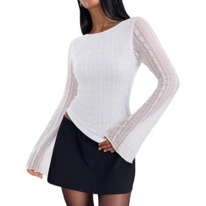 imageREORIA Womens Lace Mesh Boat Neck Bell Long Sleeve Tops Y2k Going Out Asymmetrical Tops 2025 Fall FashionBrilliant White