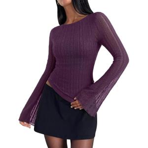 imageREORIA Womens Lace Mesh Boat Neck Bell Long Sleeve Tops Y2k Going Out Asymmetrical Tops 2025 Fall FashionCrushed Violets
