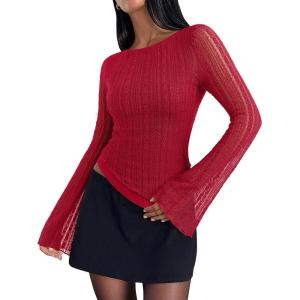 imageREORIA Womens Lace Mesh Boat Neck Bell Long Sleeve Tops Y2k Going Out Asymmetrical Tops 2025 Fall FashionWatermelon