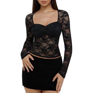 imageREORIA Womens Sexy Sheer Mesh Tops Floral Lace Long Sleeve Shirts Low Cut Slim Fitted Outfits See Through Going Out BlousesBlack