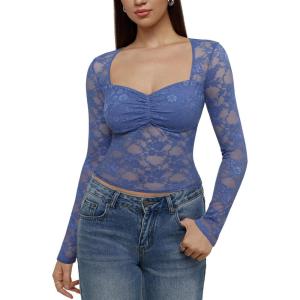 imageREORIA Womens Sexy Sheer Mesh Tops Floral Lace Long Sleeve Shirts Low Cut Slim Fitted Outfits See Through Going Out BlousesBlue Nova