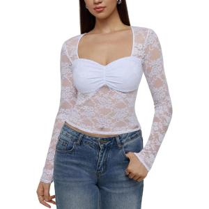 imageREORIA Womens Sexy Sheer Mesh Tops Floral Lace Long Sleeve Shirts Low Cut Slim Fitted Outfits See Through Going Out BlousesBrilliant White