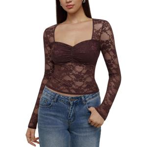 imageREORIA Womens Sexy Sheer Mesh Tops Floral Lace Long Sleeve Shirts Low Cut Slim Fitted Outfits See Through Going Out BlousesCoffee