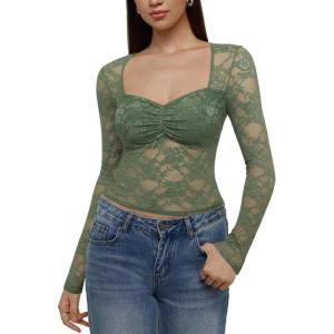 imageREORIA Womens Sexy Sheer Mesh Tops Floral Lace Long Sleeve Shirts Low Cut Slim Fitted Outfits See Through Going Out BlousesDeep Green