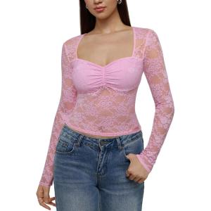imageREORIA Womens Sexy Sheer Mesh Tops Floral Lace Long Sleeve Shirts Low Cut Slim Fitted Outfits See Through Going Out BlousesLight Pink