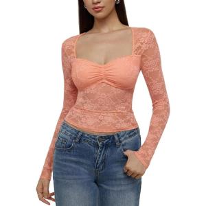 imageREORIA Womens Sexy Sheer Mesh Tops Floral Lace Long Sleeve Shirts Low Cut Slim Fitted Outfits See Through Going Out BlousesOrange Pink