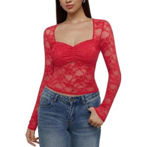 imageREORIA Womens Sexy Sheer Mesh Tops Floral Lace Long Sleeve Shirts Low Cut Slim Fitted Outfits See Through Going Out BlousesRed
