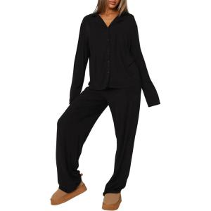imageREORIA Funny Halloween Pajamas Women Button Up 2 Piece Pajama Set SleepwearBlack