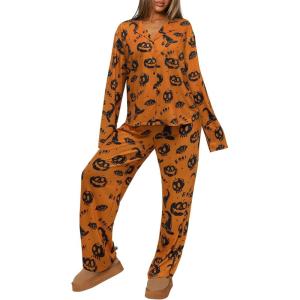 imageREORIA Funny Halloween Pajamas Women Button Up 2 Piece Pajama Set SleepwearOrange Pumpkin