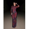 imageREORIA Womens Fall Mesh Sheer Long Sleeve Wedding Guest Dress Sexy Floral Bodycon Maxi Long DressesRed Blue Vision