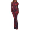 imageREORIA Womens Fall Mesh Sheer Long Sleeve Wedding Guest Dress Sexy Floral Bodycon Maxi Long DressesRed Blue Vision