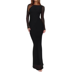imageREORIA Womens Fall Mesh Sheer Long Sleeve Wedding Guest Dress Sexy Floral Bodycon Maxi Long DressesBlack Onyx
