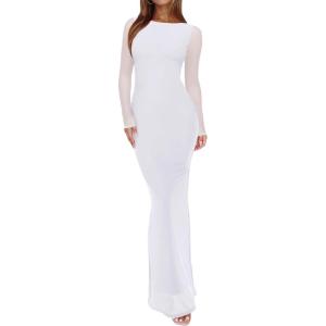 imageREORIA Womens Fall Mesh Sheer Long Sleeve Wedding Guest Dress Sexy Floral Bodycon Maxi Long DressesBrilliant White