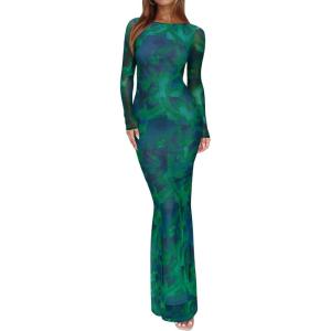 imageREORIA Womens Fall Mesh Sheer Long Sleeve Wedding Guest Dress Sexy Floral Bodycon Maxi Long DressesGreen Bio Tech Floral