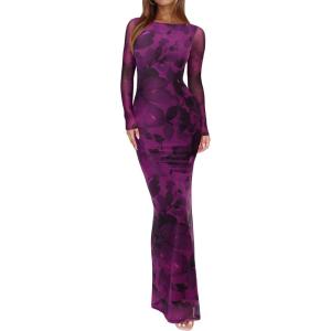 imageREORIA Womens Fall Mesh Sheer Long Sleeve Wedding Guest Dress Sexy Floral Bodycon Maxi Long DressesPurple Nebula Blossom