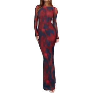 imageREORIA Womens Fall Mesh Sheer Long Sleeve Wedding Guest Dress Sexy Floral Bodycon Maxi Long DressesRed Blue Vision