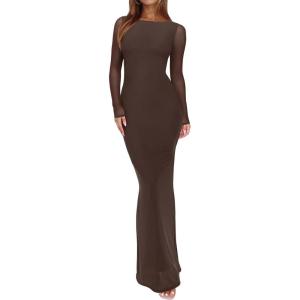imageREORIA Womens Fall Mesh Sheer Long Sleeve Wedding Guest Dress Sexy Floral Bodycon Maxi Long DressesShaved Chocolate