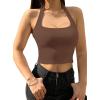 imageREORIA Womens Trendy Sexy Halter Neck Backless Seamless Sleeveless Y2K Cropped Tank Yoga Crop TopsCoffee