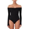 imageREORIA Womens Long Sleeve OffShoulder Strapless VNeck Double Layer Sexy Bodysuit 2025 FallWinter Designer CollectionBlack