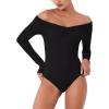 imageREORIA Womens Long Sleeve OffShoulder Strapless VNeck Double Layer Sexy Bodysuit 2025 FallWinter Designer CollectionBlack