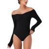 imageREORIA Womens Long Sleeve OffShoulder Strapless VNeck Double Layer Sexy Bodysuit 2025 FallWinter Designer CollectionBlack