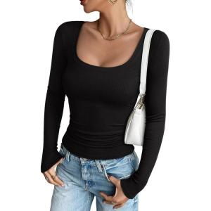 imageREORIA Long Sleeve Shirts for Women Scoop Neck Going Out Slim Basic Tshirts 2025 Trendy Tops Ribbed Knit Fall OutfitsBlack