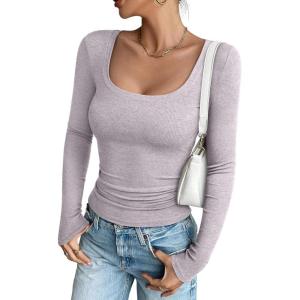 imageREORIA Long Sleeve Shirts for Women Scoop Neck Going Out Slim Basic Tshirts 2025 Trendy Tops Ribbed Knit Fall OutfitsLight Grey