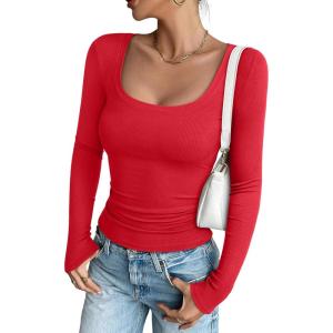 imageREORIA Long Sleeve Shirts for Women Scoop Neck Going Out Slim Basic Tshirts 2025 Trendy Tops Ribbed Knit Fall OutfitsRed