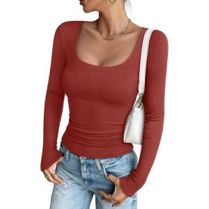 imageREORIA Long Sleeve Shirts for Women Scoop Neck Going Out Slim Basic Tshirts 2025 Trendy Tops Ribbed Knit Fall OutfitsRust