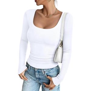 imageREORIA Long Sleeve Shirts for Women Scoop Neck Going Out Slim Basic Tshirts 2025 Trendy Tops Ribbed Knit Fall OutfitsWhite