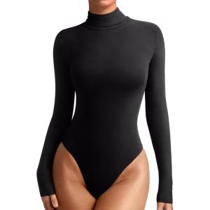 imageREORIA Womens Wool Blend Turtleneck Long Sleeve Basic Bodysuit Tops Fall ClothesBlack Onyx