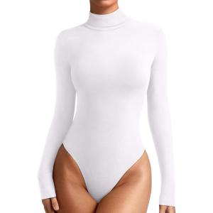 imageREORIA Womens Wool Blend Turtleneck Long Sleeve Basic Bodysuit Tops Fall ClothesBrilliant White