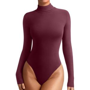 imageREORIA Womens Wool Blend Turtleneck Long Sleeve Basic Bodysuit Tops Fall ClothesCordovan