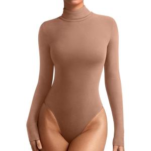 imageREORIA Womens Wool Blend Turtleneck Long Sleeve Basic Bodysuit Tops Fall ClothesMocha Mousse