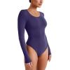 imageREORIA Womens Long Sleeve Bodysuits Fall Basic Round Neck Lightweight Double Lined Layering Slim Body Suit TopsDeep Blue