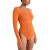 imageREORIA Womens Long Sleeve Bodysuits Fall Basic Round Neck Lightweight Double Lined Layering Slim Body Suit TopsHarvest Pumpkin