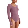 imageREORIA Womens Long Sleeve Bodysuits Fall Basic Round Neck Lightweight Double Lined Layering Slim Body Suit TopsMarsala