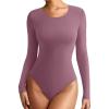 imageREORIA Womens Long Sleeve Bodysuits Fall Basic Round Neck Lightweight Double Lined Layering Slim Body Suit TopsMarsala