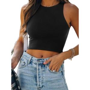 imageREORIA Womens Sexy Sleeveless Racer Back Tank Tops Halter Neck Crop TopsBlack