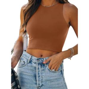 imageREORIA Womens Sexy Sleeveless Racer Back Tank Tops Halter Neck Crop TopsBrown