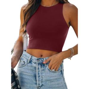 imageREORIA Womens Sexy Sleeveless Racer Back Tank Tops Halter Neck Crop TopsBurgundy