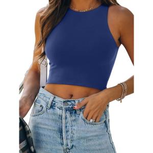 imageREORIA Womens Sexy Sleeveless Racer Back Tank Tops Halter Neck Crop TopsDeep Blue